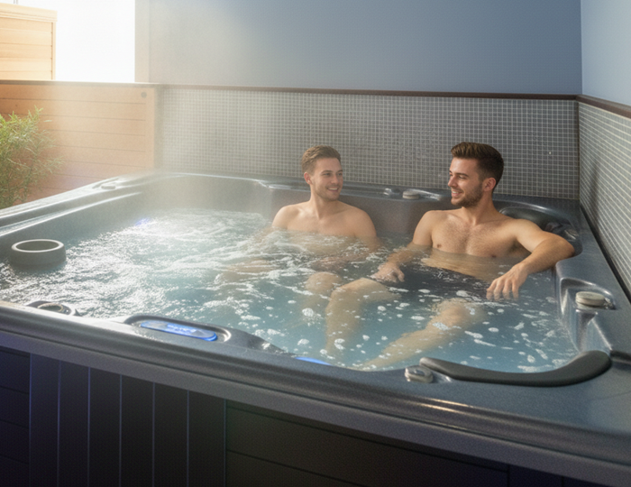 dos amigos en el jacuzzi de spazenmenbarcelona